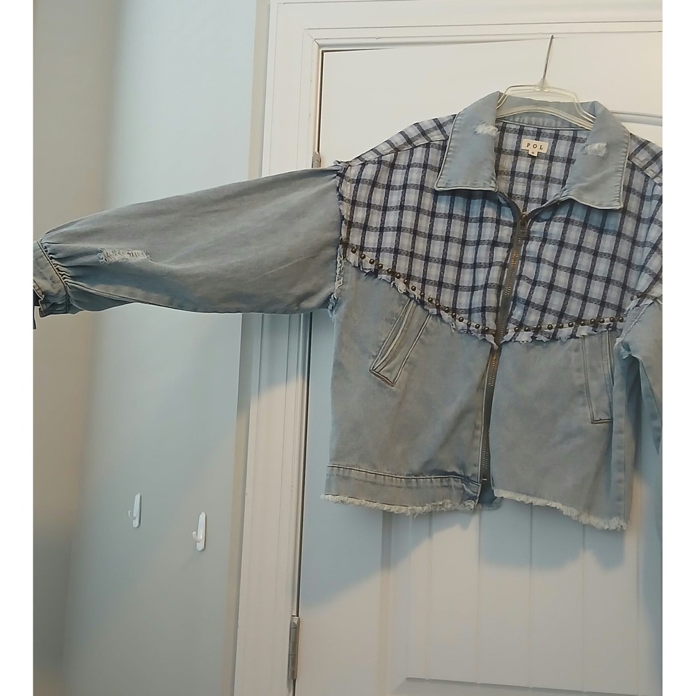 POL Womens Light Wash Distressed Denim Plaid Mixed Media Studded Jacket Small - Picture 4 of 5